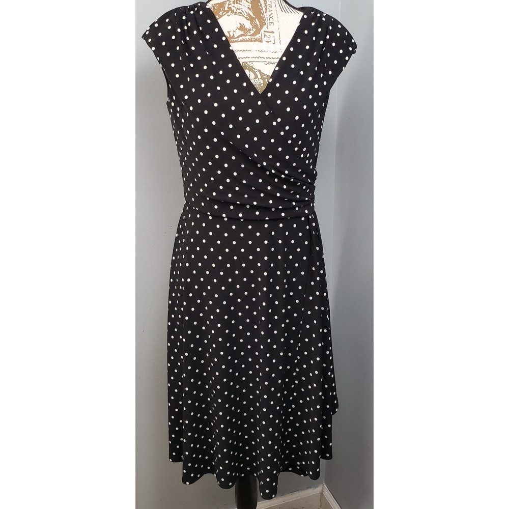 Lauren Ralph Lauren Wrap Dress Womens 8 Black White Polka Dot Surplice Neck